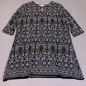Max Studio Tunic Top Women's Plus 2X Black White Damask Keyhole 3/4 Sleeve